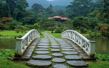 Canvas Print - Lush garden path with white bridge leading to a gazebo, perfect for a tranquil escape