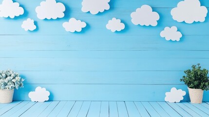 Poster - Bright and Cheerful Childrens Room with Light Blue Wooden Floor and White Clouds Decorated Walls for Playful Atmosphere