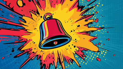 Pop art concept message or alert notification bell icon. Colorful background in pop art retro comic style.
