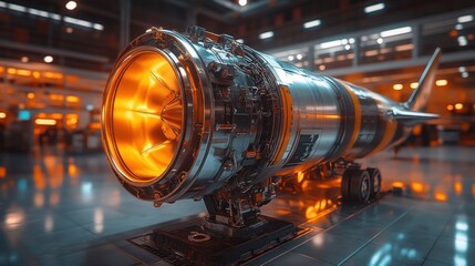 Fototapete - Glowing jet engine on display in hangar.