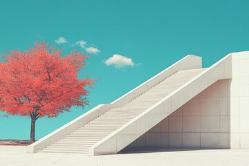 A Vibrant Scene Of A Minimalist Staircase Beside A Bright Red Tree, Under A Clear Turquoise Sky, Evoking Feelings Of Tranquility And Inspiration.