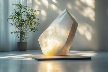 Wall Mural - white geometric sculpture casting dramatic shadows minimalist design soft ambient lighting on light 