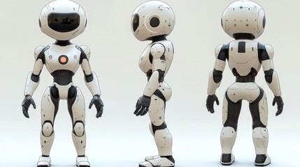 Poster - 3D render of a cute, small, white female robot in front, side, and back views.