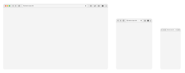 browser mockups with website windows for desktop, laptop, tablet, and mobile screens. empty internet