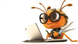 © Oranuch - A baby pygmy ant wearing a shirt and glasses, holding a laptop isolated on white background Generated AI Illustration.