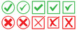 © maxalamin09 - Green check mark icon and red cross icon set. Circle and square. Tick symbol in green color, vector illustration.