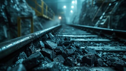 Leinwandbilder - Coal dust covers the railway track leading into a dark tunnel where mining activities continue. The atmosphere is thick with moisture and low light enhances the industrial environment.