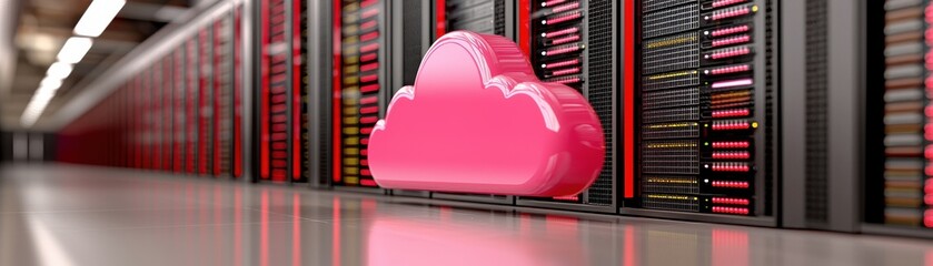 Wall Mural - A stylized pink cloud floats in a server room filled with rows of data storage, symbolizing cloud computing and digital technology.