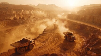 Aufkleber - Large dump trucks navigate through a dusty open pit mine at sunset, creating a dramatic landscape filled with dust and showcasing the mining activity in a remote area.