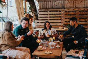 Poster - A joyful group of friends sharing food and laughter in a cozy indoor environment. The warm atmosphere and natural decorations create a welcoming and pleasant gathering scene filled with happiness and