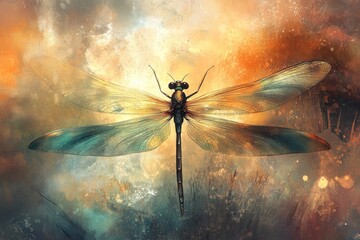 Wall Mural - vibrant dragonfly with intricate wings captured in a colorful and abstract artistic representation