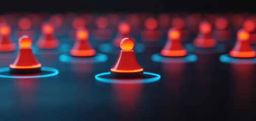 Poster - network of glowing red game pieces connected by blue circles, creating vibrant and dynamic visual. This symbolizes connection and interaction in digital space