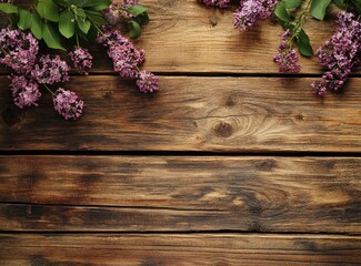 Wall Mural - Lilac flowers on a wooden background with copy space for text. Greeting card or banner design. Spring concept. 