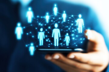 Wall Mural - digital network concept with multiple human icons displayed on smartphone screen representing connec