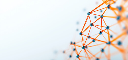 Modern networking concept with glowing nodes and interconnected links, symbolizing technology and communication. This represents digital connections and data flow