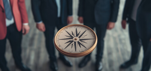 Fototapete - Professionals gathered around digital compass, symbolizing direction and teamwork in business setting. atmosphere conveys collaboration and strategic planning