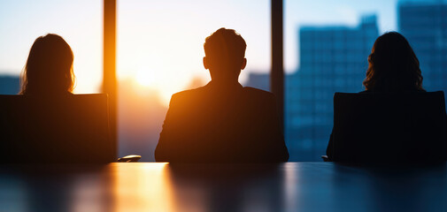 Fototapete - Professionals in high tech boardroom silhouette against sunset, discussing strategies and ideas. atmosphere is focused and collaborative, highlighting teamwork and innovation