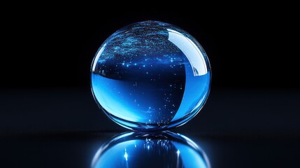 Poster - A luminous blue glass sphere with internal reflections, resting on a dark surface.