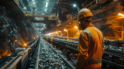 Leinwandbilder - Workers in an underground mining facility oversee material transport along conveyor belts in a dimly lit area during evening hours, showcasing safety protocols and teamwork.