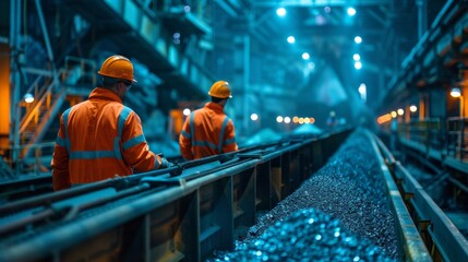 Leinwandbilder - Workers wearing orange safety gear are observing coal being transported on conveyor belts at a mining facility under artificial lighting during nighttime operations.