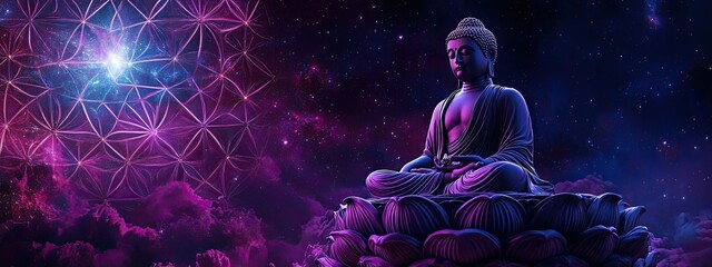 A background of the flower or life pattern with sacred geometry, there is a sculpture in purple color of a Buddha sitting on it, with stars and a galaxy in the dark sky