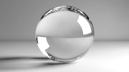 Poster - A perfect sphere of clear glass sits on a light gray surface, reflecting light.