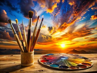 Wall Mural - Silhouette of Wooden Art Palette with Paints and Brushes at Sunset