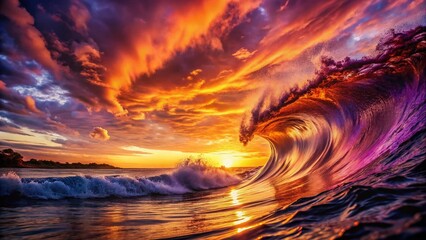 Wall Mural - Silhouetted Multicolored Wave at Sunset - Vibrant Ocean Scene Stock Photo