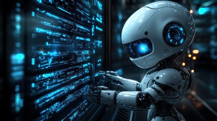 Leinwandbilder - A small, cute robot interacts with a digital interface, showcasing futuristic technology and artificial intelligence.