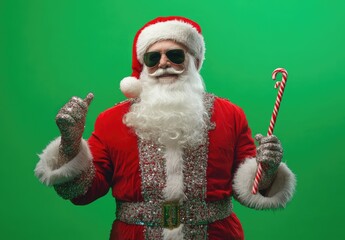 Wall Mural - n old man dressed as Santa Claus, wearing sunglasses and a top hat, holding a candy cane in his hand and wearing a jacket made from Christmas ornaments on a green background.