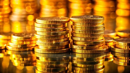 Poster - Stacked Golden Coins Close-up on Reflective Surface with Blurred Background - High Resolution Stock Photo