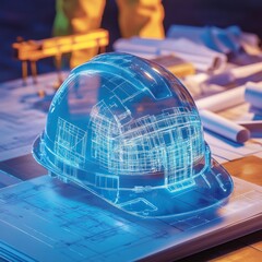 Aufkleber - A transparent hard hat with building blueprints projected inside, resting on architectural plans.