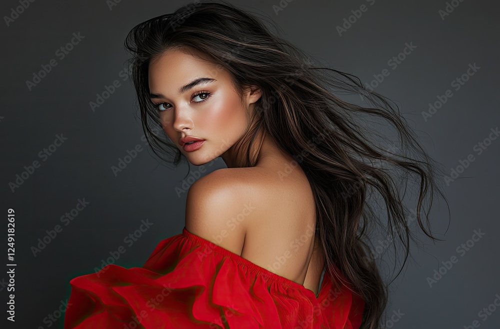 Beautiful brunette woman in a red dress posing, studio photo shoot ...