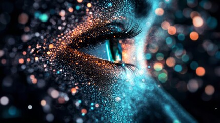 A close-up of an eye with glitter and sparkles, symbolizing the mysterious world behind AI's code. Magazine-style commercial photo.