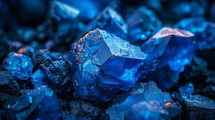 Aufkleber - Intricate blue crystals glisten with light against a dark backdrop, showcasing their unique formations and textures. This captures the beauty of natural minerals under close observation.