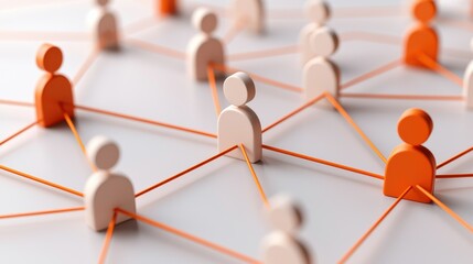 networking concept with wooden figures and connections in orange tone