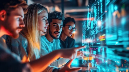 diverse team collaborates on futuristic data interface