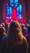 © Vagner Castro - Close-up of people in back view worshiping in a church service. The backs of people in a church worshiping Jesus Christ.