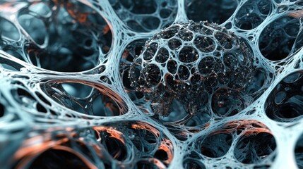 Leinwandbilder - Abstract 3D render of a complex, interconnected network with a central sphere, showcasing intricate details and textures in teal and orange hues.
