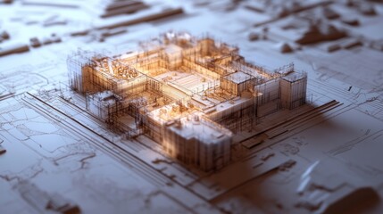 Aufkleber - Abstract 3D rendering of a city model, illuminated from below, showcasing intricate details and architectural design.
