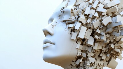 Poster - Abstract 3D rendering of a fragmented female face profile, symbolizing mental disintegration or digital disruption.