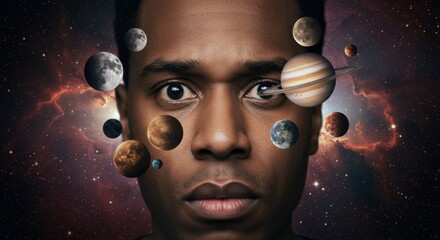 man's face covered obstructed and surrounded by planets stars in space, expressive astronomy science