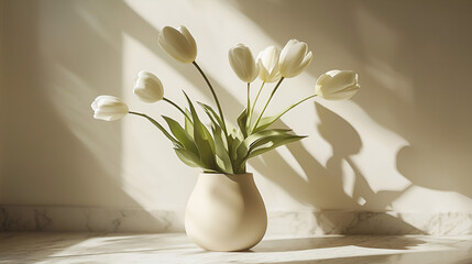 white tulips in a vase create a serene and elegant composition, bathed in warm, diffused light again