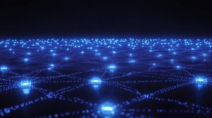 Poster - Abstract blue glowing network connection lines and nodes on dark background.