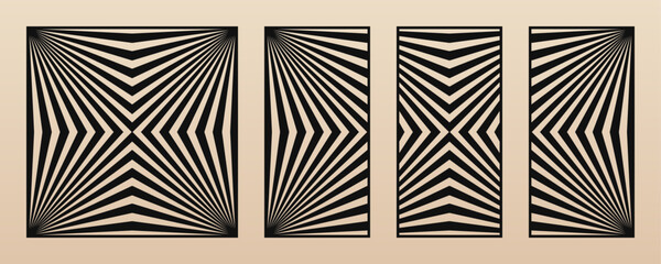 Aufkleber - Vector set of modern laser cut panels. Stencils with abstract geometric pattern, diagonal broken lines, stripes, optical illusion. Decorative panels for cutting of wood, metal. Aspect ratio 1:2, 1:1