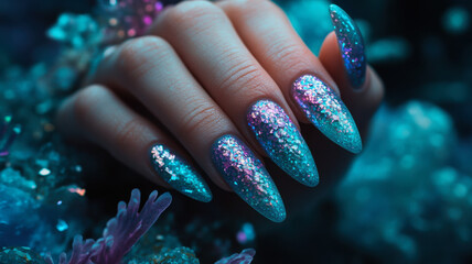 Mermaid-inspired nails in iridescent turquoise and purple on a fanciful female hand