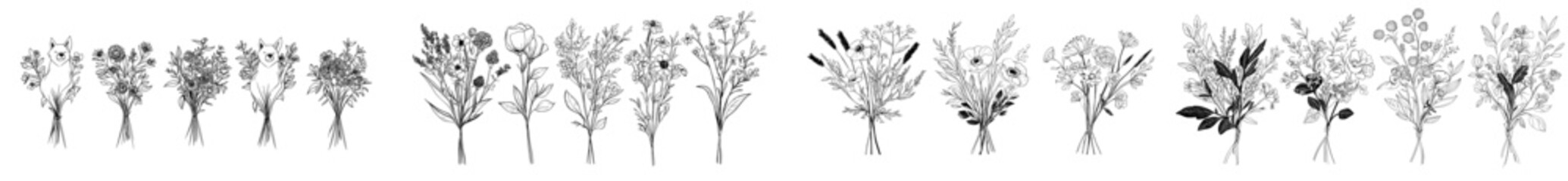 Wildflower line art bouquets set. Hand drawn flowers, meadow herbs, wild plants, botanical elements for design projects. Modern illustration