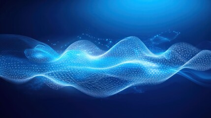 Poster - Abstract blue wave of glowing particles on a dark background.