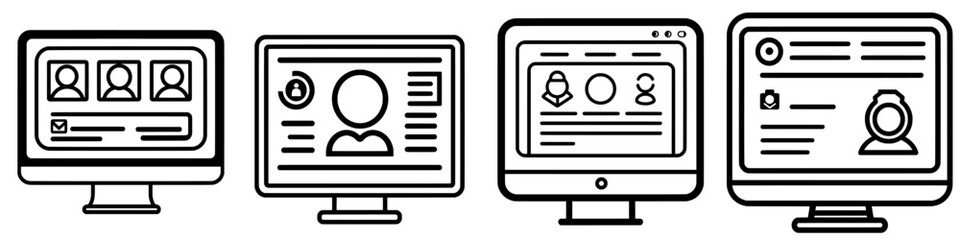 a black and white icon of a computer monitor showing a user profile symbol against a white backgroun