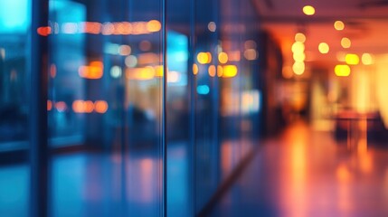 Poster - Abstract blurred image of a modern building interior at night, showcasing colorful lights and glass walls.